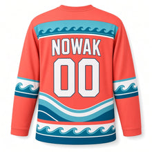 Load image into Gallery viewer, Milwaukee Lake Wave Stripes Original Hockey Jersey in Sunrise Coral, back view with your name and number