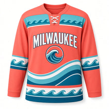 Load image into Gallery viewer, Milwaukee Lake Wave Stripes Original Hockey Jersey in Sunrise Coral, front view – custom name and number