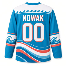Load image into Gallery viewer, Milwaukee Lake Wave Stripes Original Hockey Jersey in Lake Blue, back view with your name and number