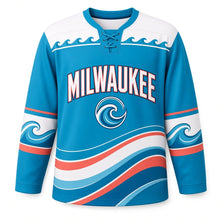 Load image into Gallery viewer, Milwaukee Lake Wave Stripes Original Hockey Jersey in Lake Blue, front view – custom name and number