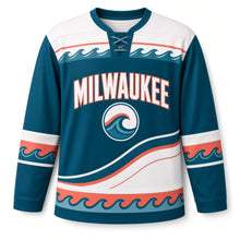 Load image into Gallery viewer, Milwaukee Lake Wave Stripes Original Hockey Jersey in Lake Teal, front view – custom name and number