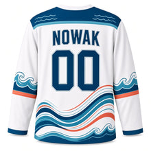 Load image into Gallery viewer, Milwaukee Lake Wave Stripes Original Hockey Jersey in Whitecap, back view with your name and number
