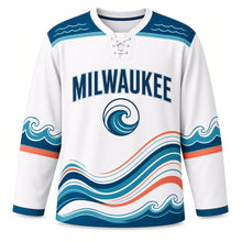Load image into Gallery viewer, Milwaukee Lake Wave Stripes Original Hockey Jersey in Whitecap, front view – custom name and number