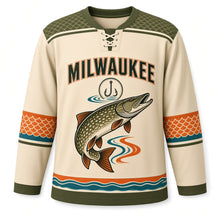 Load image into Gallery viewer, Milwaukee Northern Pike Original Hockey Jersey in Sandbar Cream, front view – custom name and number