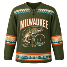 Load image into Gallery viewer, Milwaukee Northern Pike Original Hockey Jersey in Lake Olive, front view – custom name and number