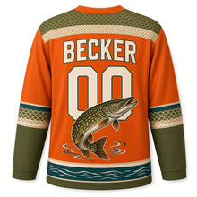 Load image into Gallery viewer, Milwaukee Northern Pike Original Hockey Jersey in Lure Orange, back view with your name and number