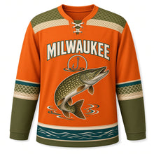 Load image into Gallery viewer, Milwaukee Northern Pike Original Hockey Jersey in Lure Orange, front view – custom name and number