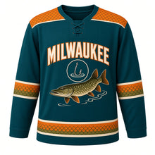 Load image into Gallery viewer, Milwaukee Northern Pike Original Hockey Jersey in Deep Water Teal, front view – custom name and number