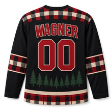 Load image into Gallery viewer, Milwaukee Pine Plaid Lodge Original Hockey Jersey in Cabin Black, back view with your name and number