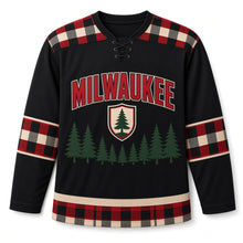 Load image into Gallery viewer, Milwaukee Pine Plaid Lodge Original Hockey Jersey in Cabin Black, front view – custom name and number