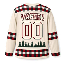 Load image into Gallery viewer, Milwaukee Pine Plaid Lodge Original Hockey Jersey in Birch Cream, back view with your name and number