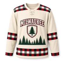 Load image into Gallery viewer, Milwaukee Pine Plaid Lodge Original Hockey Jersey in Birch Cream, front view – custom name and number