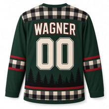 Load image into Gallery viewer, Milwaukee Pine Plaid Lodge Original Hockey Jersey in Pine Green, back view with your name and number