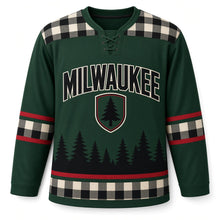 Load image into Gallery viewer, Milwaukee Pine Plaid Lodge Original Hockey Jersey in Pine Green, front view – custom name and number