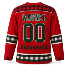 Load image into Gallery viewer, Milwaukee Pine Plaid Lodge Original Hockey Jersey in Lodge Red, back view with your name and number