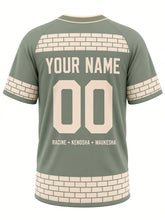 Load image into Gallery viewer, Milwaukee Original Baseball Jersey in Sage Green, back view with brick-pattern yoke and a RACINE • KENOSHA • WAUKESHA city line and your name and number