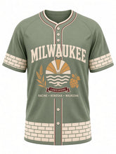 Load image into Gallery viewer, Milwaukee Original Baseball Jersey in Sage Green, front view – sage green body with cream brick trim, Cream City brick trim, Lake Michigan sunrise emblem with barley and hops, and a RACINE • KENOSHA • WAUKESHA city line – custom name and number