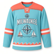 Load image into Gallery viewer, Milwaukee Sailboat Compass Original Hockey Jersey in Lake Aqua, front view – custom name and number