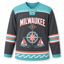 Load image into Gallery viewer, Milwaukee Sailboat Compass Original Hockey Jersey in Storm Charcoal, front view – custom name and number