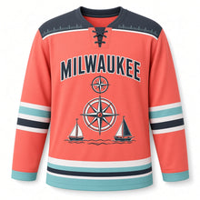 Load image into Gallery viewer, Milwaukee Sailboat Compass Original Hockey Jersey in Spinnaker Coral, front view – custom name and number