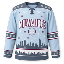 Load image into Gallery viewer, Milwaukee Snowfall Skyline Original Hockey Jersey in Ice Blue, front view – custom name and number