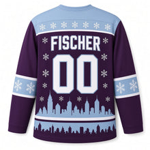 Load image into Gallery viewer, Milwaukee Snowfall Skyline Original Hockey Jersey in Twilight Plum, back view with your name and number