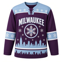 Load image into Gallery viewer, Milwaukee Snowfall Skyline Original Hockey Jersey in Twilight Plum, front view – custom name and number