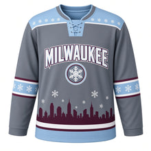 Load image into Gallery viewer, Milwaukee Snowfall Skyline Original Hockey Jersey in Winter Slate, front view – custom name and number