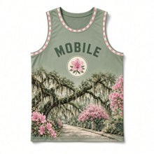 Load image into Gallery viewer, Mobile Azalea Trail Original Basketball Jersey in Live Oak Green, front view – custom name and number