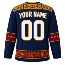 Load image into Gallery viewer, Moldova Original Hockey Jersey in Codri Blue, back view with your name and number – scoarta carpet yoke and cross-stitch embroidery sleeve bands