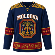 Load image into Gallery viewer, Moldova Original Hockey Jersey in Codri Blue, front view – ornate octagonal carpet medallion with tree of life and grapevines, scoarta yoke, detailed artwork, custom name and number