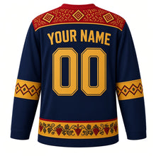 Load image into Gallery viewer, Moldova Original Hockey Jersey in Dniester Navy, back view with your name and number – scoarta carpet yoke and cross-stitch embroidery sleeve bands