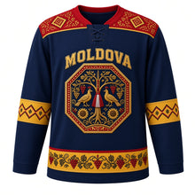 Load image into Gallery viewer, Moldova Original Hockey Jersey in Dniester Navy, front view – ornate octagonal carpet medallion with tree of life and grapevines, scoarta yoke, detailed artwork, custom name and number