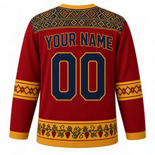 Load image into Gallery viewer, Moldova Original Hockey Jersey in Martisor Red, back view with your name and number – scoarta carpet yoke and cross-stitch embroidery sleeve bands