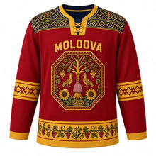 Load image into Gallery viewer, Moldova Original Hockey Jersey in Martisor Red, front view – ornate octagonal carpet medallion with tree of life and grapevines, scoarta yoke, detailed artwork, custom name and number