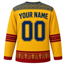 Load image into Gallery viewer, Moldova Original Hockey Jersey in Sunflower Yellow, back view with your name and number – scoarta carpet yoke and cross-stitch embroidery sleeve bands