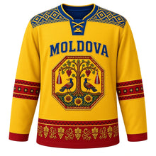 Load image into Gallery viewer, Moldova Original Hockey Jersey in Sunflower Yellow, front view – ornate octagonal carpet medallion with tree of life and grapevines, scoarta yoke, detailed artwork, custom name and number