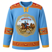 Load image into Gallery viewer, Mongolia Original Hockey Jersey in Steppe Sky Blue, front view – ornate cloud-scroll medallion with Naadam horse race, ger and horsehead fiddle, khee yoke, detailed artwork, custom name and number