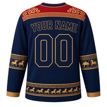 Load image into Gallery viewer, Mongolia Original Hockey Jersey in Altai Navy, back view with your name and number – khee-ornament yoke and ger lattice sleeve bands