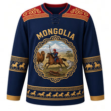 Load image into Gallery viewer, Mongolia Original Hockey Jersey in Altai Navy, front view – ornate cloud-scroll medallion with Naadam horse race, ger and horsehead fiddle, khee yoke, detailed artwork, custom name and number