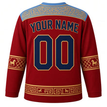 Load image into Gallery viewer, Mongolia Original Hockey Jersey in Steppe Red, back view with your name and number – khee-ornament yoke and ger lattice sleeve bands
