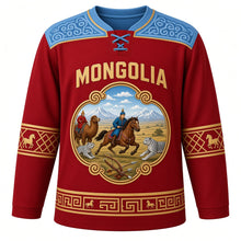 Load image into Gallery viewer, Mongolia Original Hockey Jersey in Steppe Red, front view – ornate cloud-scroll medallion with Naadam horse race, ger and horsehead fiddle, khee yoke, detailed artwork, custom name and number