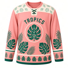 Load image into Gallery viewer, Monstera Leaf Tropics Original Hockey Jersey in Blush Coral, front view – large split monstera leaves and palm fronds with monstera crest, custom name and number