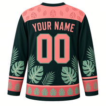Load image into Gallery viewer, Monstera Leaf Tropics Original Hockey Jersey in Midnight Fern, back view with your name and number – leaf-outline yoke and palm-frond sleeve bands