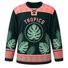 Load image into Gallery viewer, Monstera Leaf Tropics Original Hockey Jersey in Midnight Fern, front view – large split monstera leaves and palm fronds with monstera crest, custom name and number