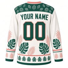Load image into Gallery viewer, Monstera Leaf Tropics Original Hockey Jersey in Linen White, back view with your name and number – leaf-outline yoke and palm-frond sleeve bands