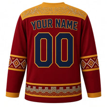 Load image into Gallery viewer, Montenegro Original Hockey Jersey in Kotor Crimson, back view with your name and number – zlatovez gold-embroidery yoke and cross-stitch sleeve bands