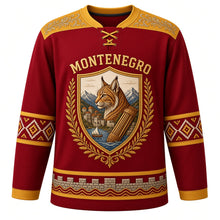 Load image into Gallery viewer, Montenegro Original Hockey Jersey in Kotor Crimson, front view – zlatovez gold-embroidery yoke and Balkan lynx Bay of Kotor shield crest with ornate detailed artwork, custom name and number
