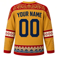 Load image into Gallery viewer, Montenegro Original Hockey Jersey in Zlatovez Gold, back view with your name and number – zlatovez gold-embroidery yoke and cross-stitch sleeve bands