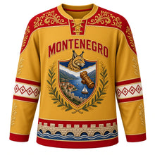 Load image into Gallery viewer, Montenegro Original Hockey Jersey in Zlatovez Gold, front view – zlatovez gold-embroidery yoke and Balkan lynx Bay of Kotor shield crest with ornate detailed artwork, custom name and number